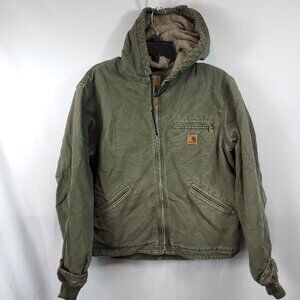 Vintage Carhartt J141 Moss Olive Distressed Sherpa Lined Hooded Jacket Large